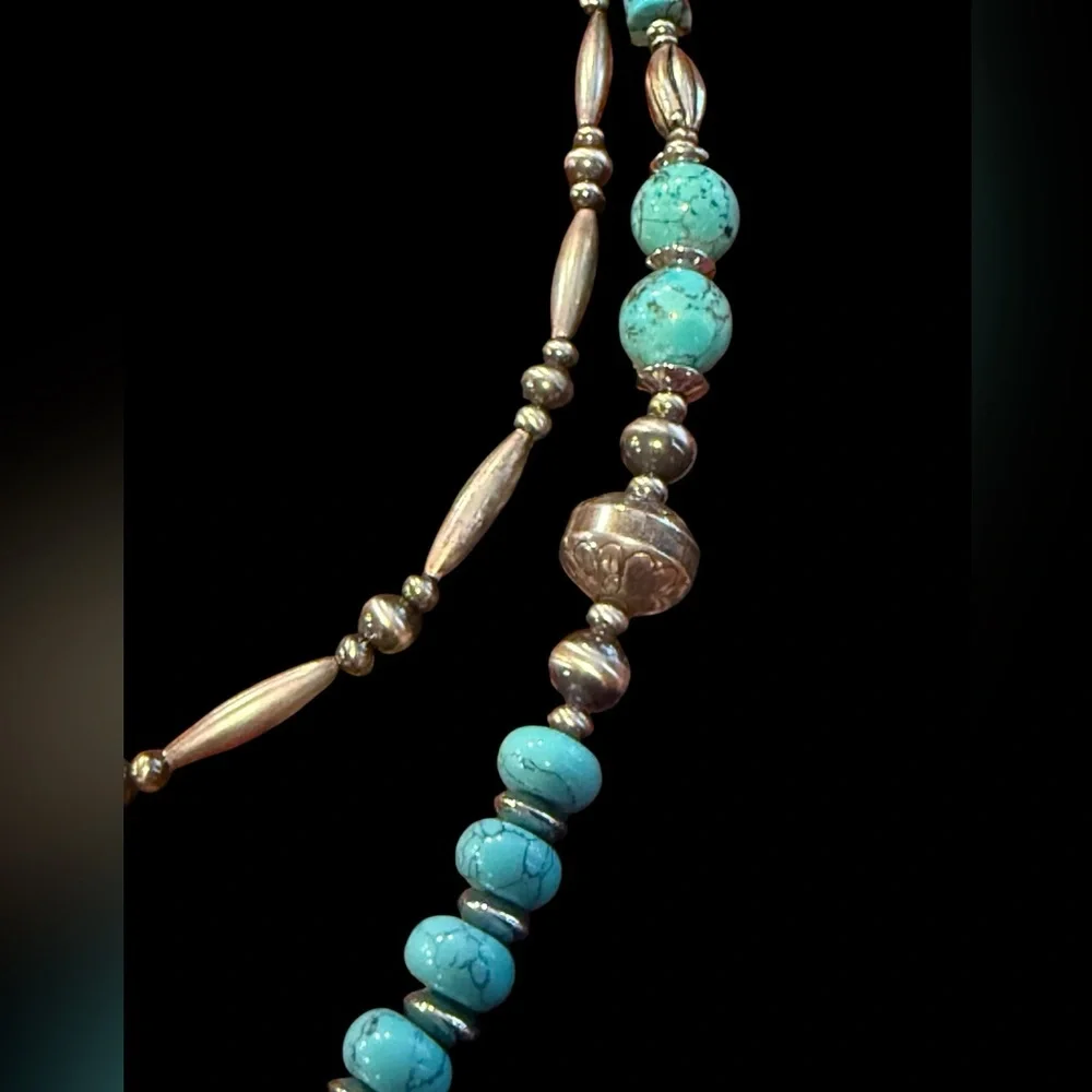 Vintage Sterling Silver Navajo Pearls Turquoise Squash Blossom Necklace - Picture 12 of 15